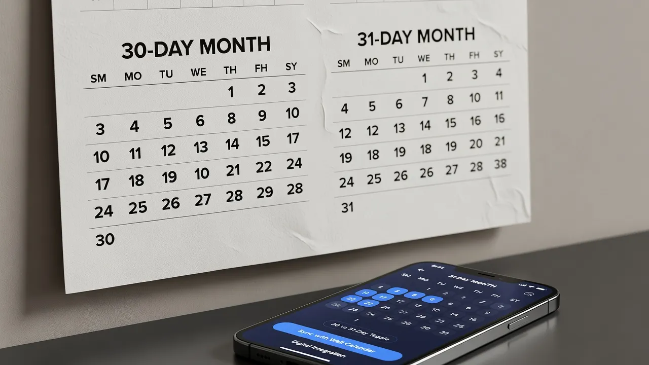 Comparison of calendar month day counts on a wall calendar and smartphone screen.