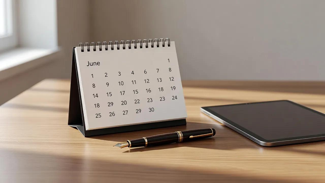 Desk calendar showing the month of June ending on the 30th alongside a tablet.