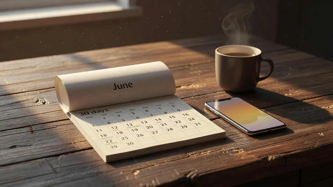 A calendar resting on an office desk open to the month of June ending on day 30.