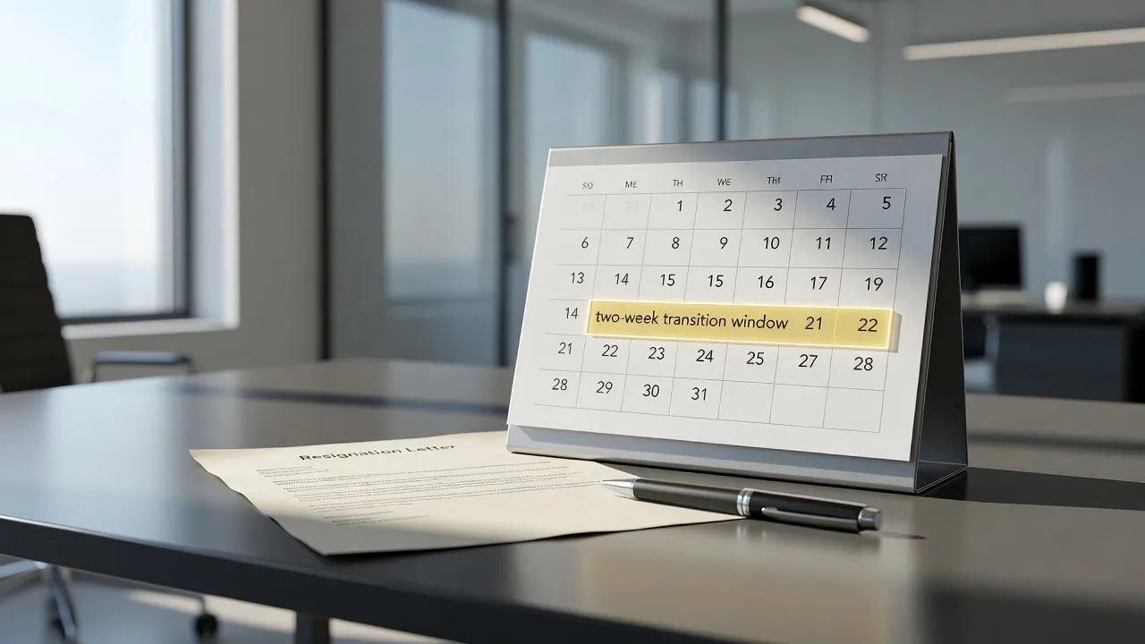 Office desk with a desk calendar and resignation letter outlining a notice period timeline.