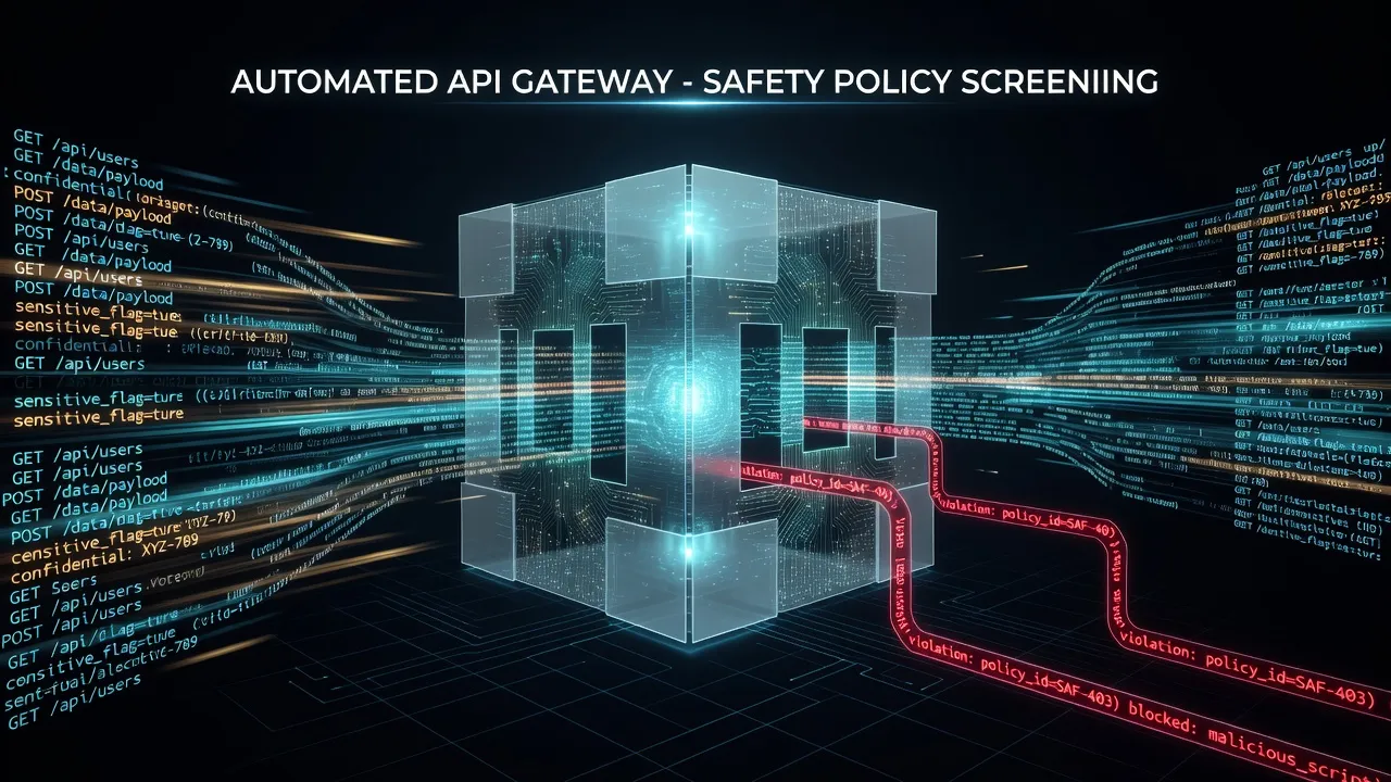 API gateway performing real-time AI content review on incoming text data.