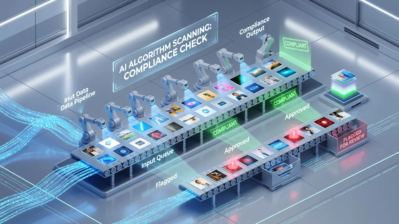 Automated visual content screening process using AI content moderation algorithms.