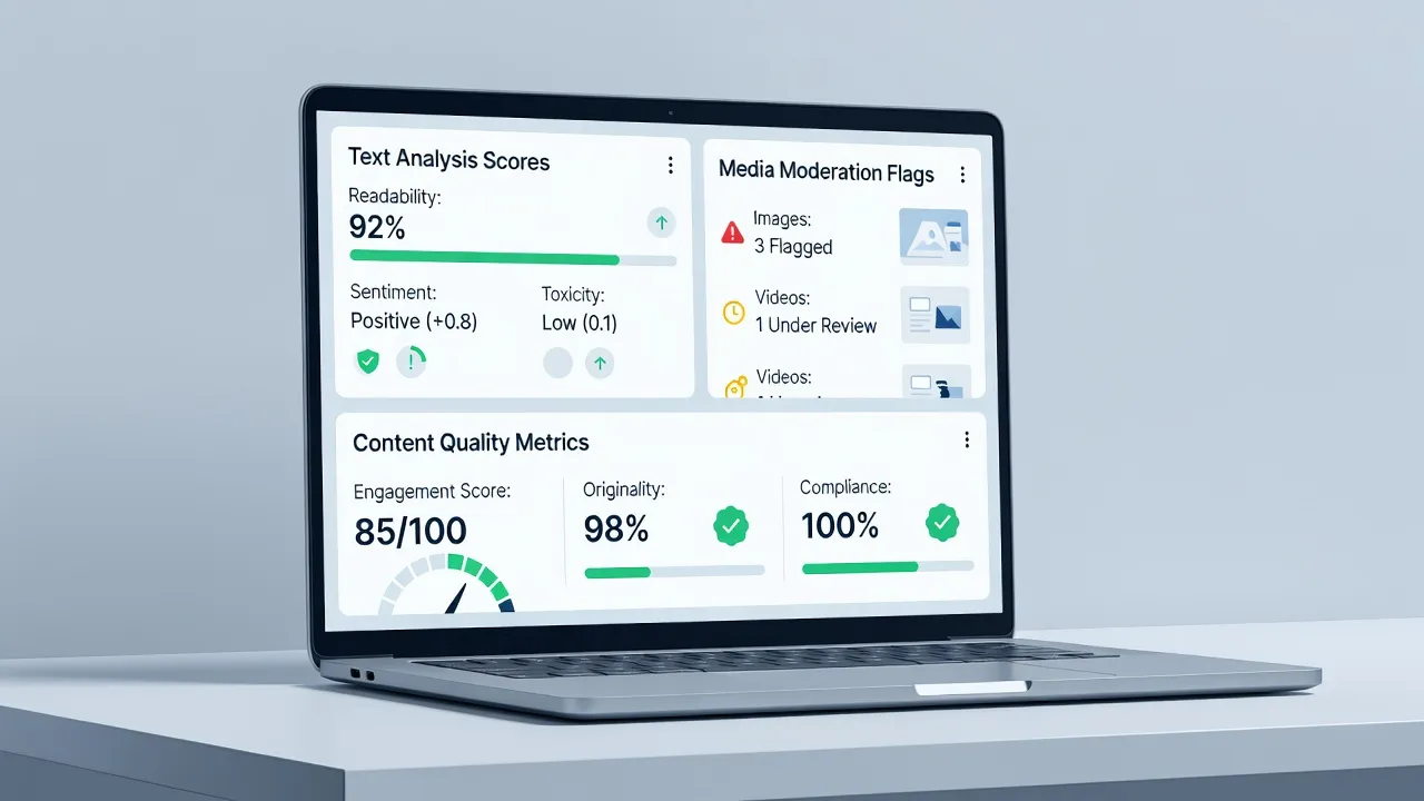 Digital dashboard showing AI content reviewer metrics and moderation scores.