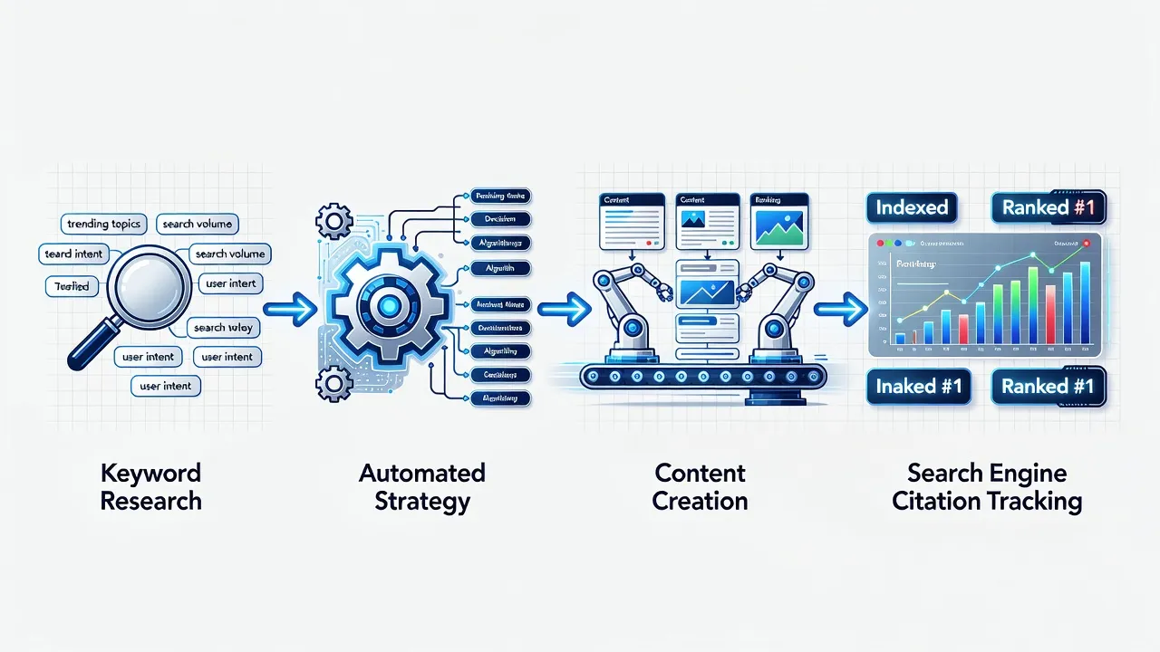 Diagram illustrating an automated organic search operation from keyword selection to content publishing
