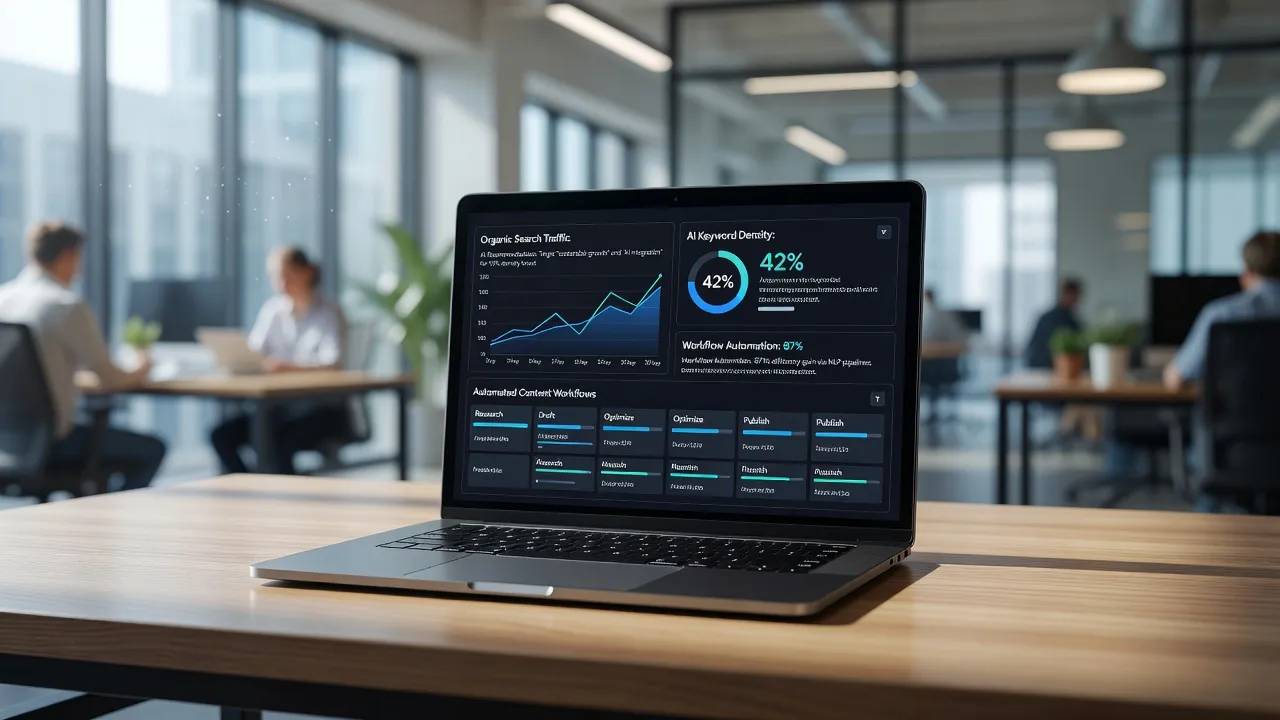 Modern AI SEO optimization software dashboard showing traffic growth analytics and content performance metrics