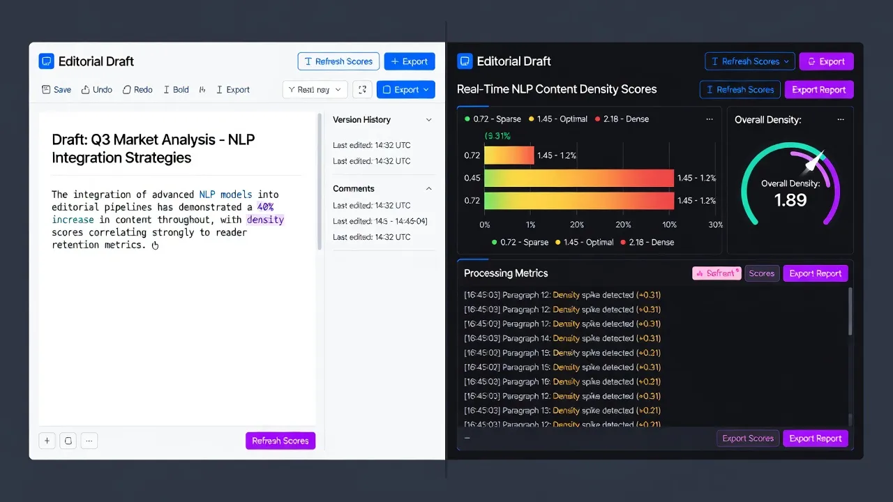 Real-time AI content optimization interface comparing content quality scores and target keyword recommendations