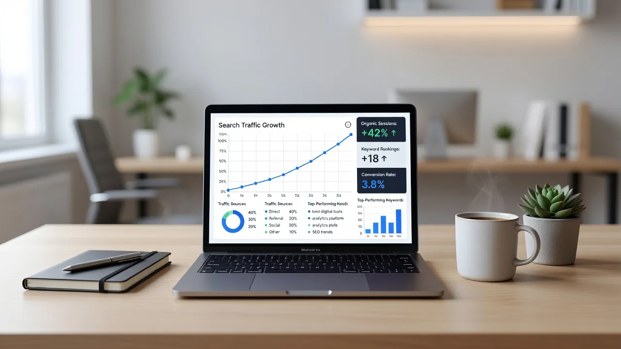 Analytics dashboard demonstrating organic search traffic growth from high-retire content strategy campaigns.