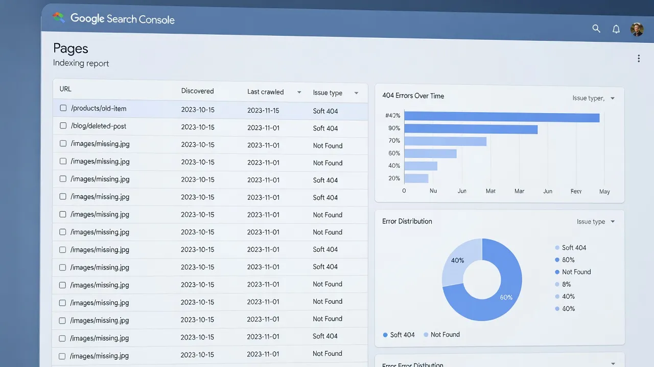 Google Search Console dashboard displaying 404 Not Found indexing report errors