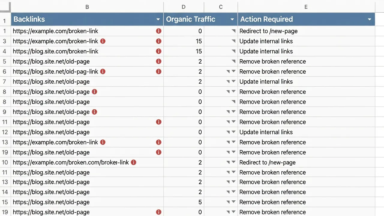 Spreadsheet layout for categorizing Google Search Console 404 error exports