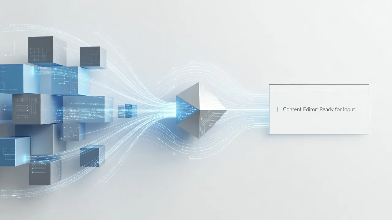Conceptual illustration showing automated search data flowing into AI-driven content platforms.