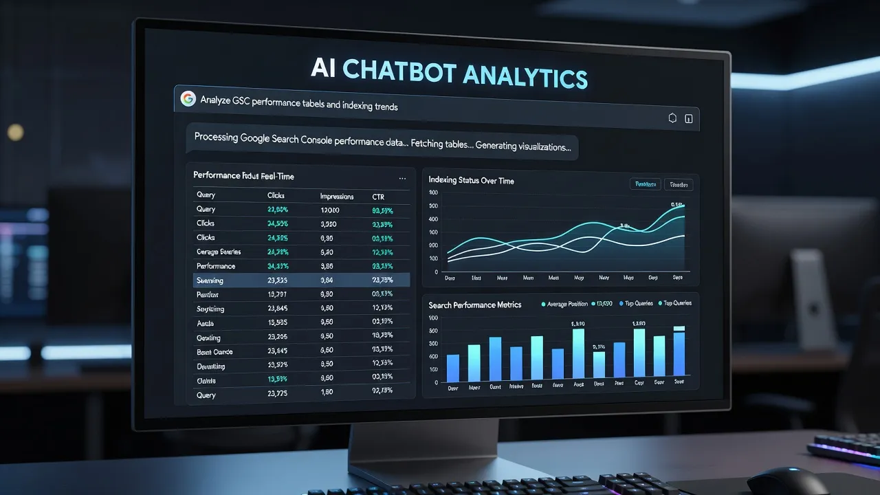 Conversational AI interface analyzing Google Search Console data tables via an MCP connector.