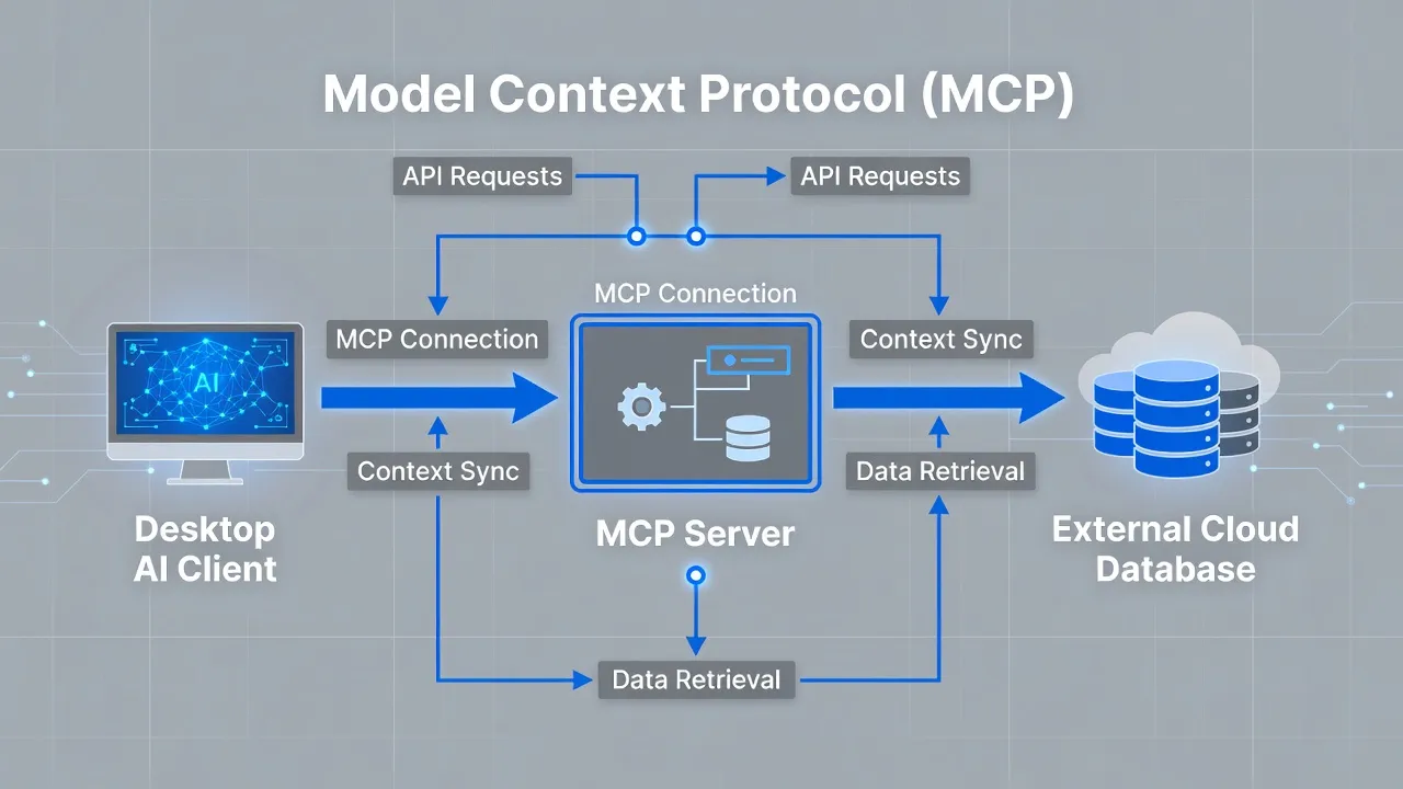 Diagram showing how an MCP server bridges AI desktop clients to external API data sources.