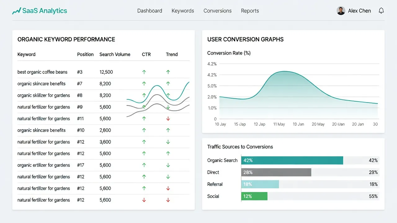 Screen showing a side-by-side analysis of organic search queries and conversion rate analytics.