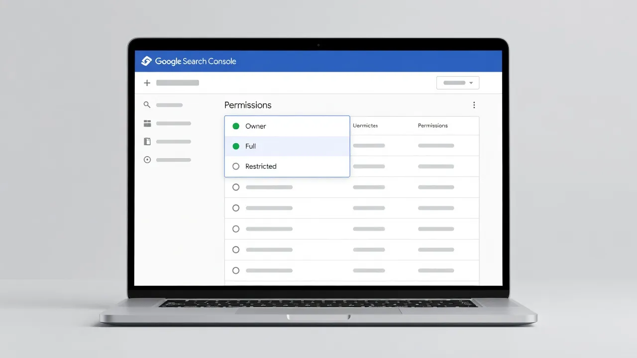 Diagram of Google Search Console user permission levels showing Owner, Full User, and Restricted options in the settings menu.