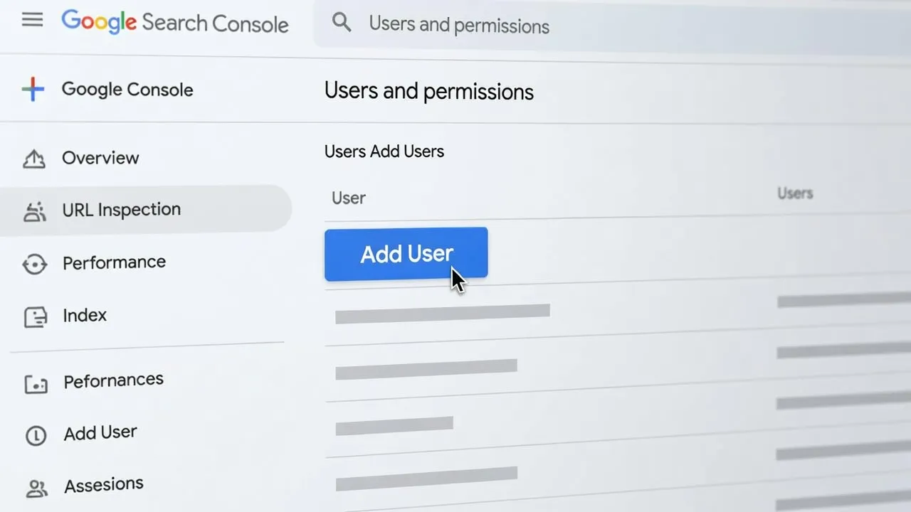 Screenshot highlighting the blue Add User button inside the Google Search Console Users and Permissions settings screen.