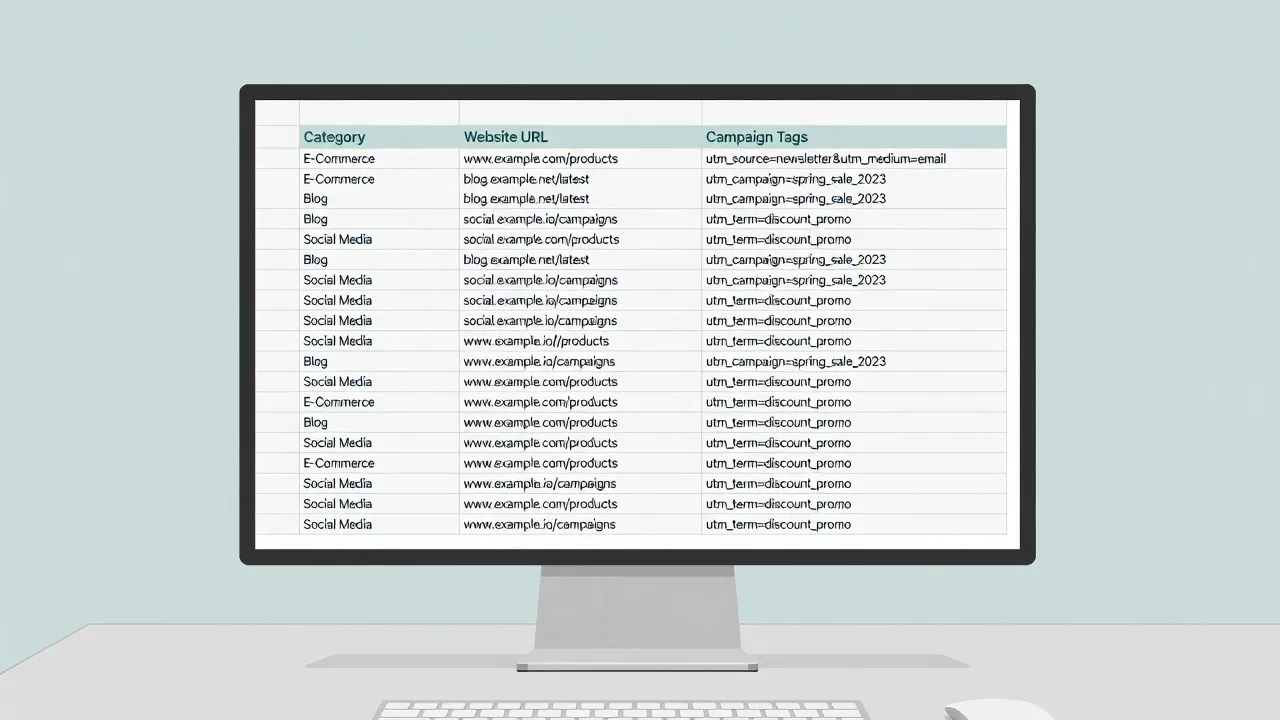 A spreadsheet organizing target links by conversion type and UTM tracking parameters for a link promotion campaign.