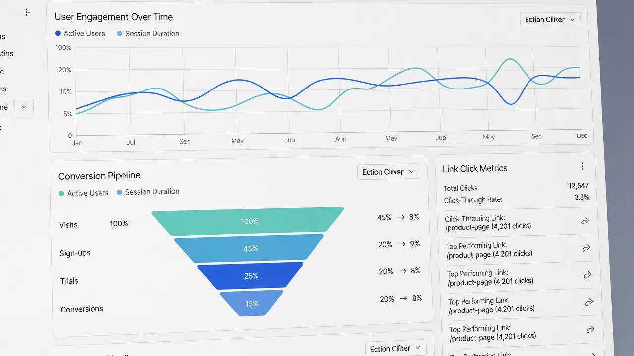 An analytics dashboard interface showing web traffic growth and link click performance metrics over time.