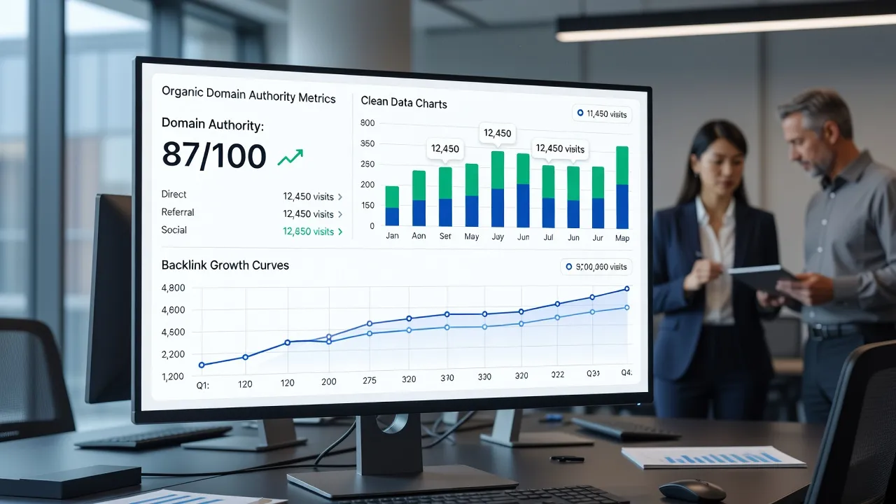 Digital marketing analytics dashboard comparing backlink growth and domain authority metrics.