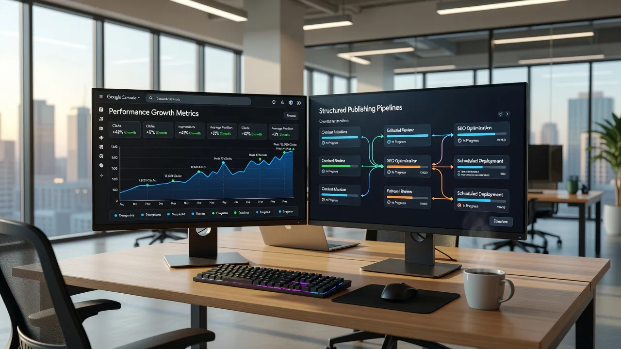 Modern digital publishing workspace showing organic search growth analytics.