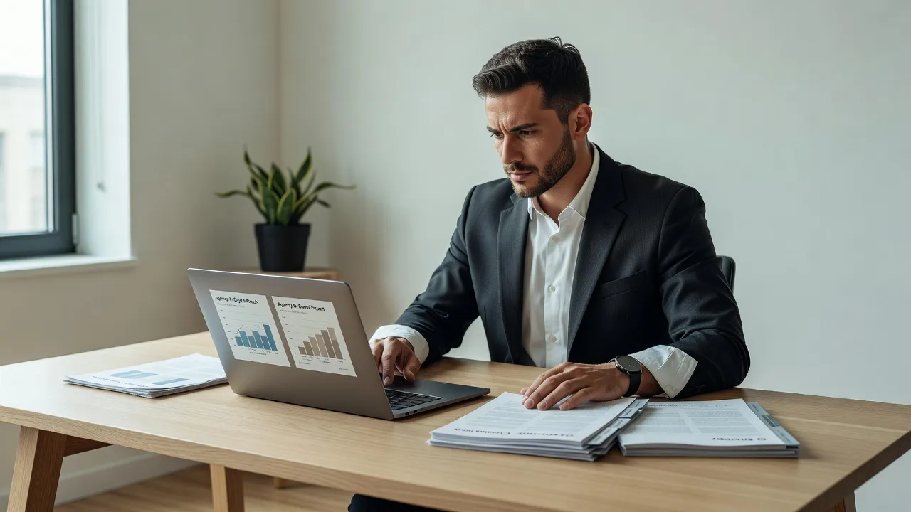 Business owner evaluating SEO agency retainer costs and automated content management options.