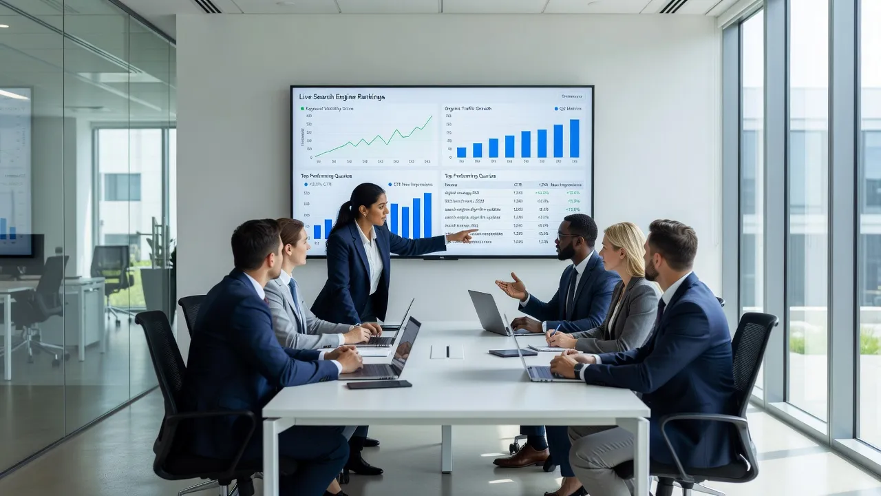 Digital marketing team evaluating organic growth metrics with an SEO growth partner.