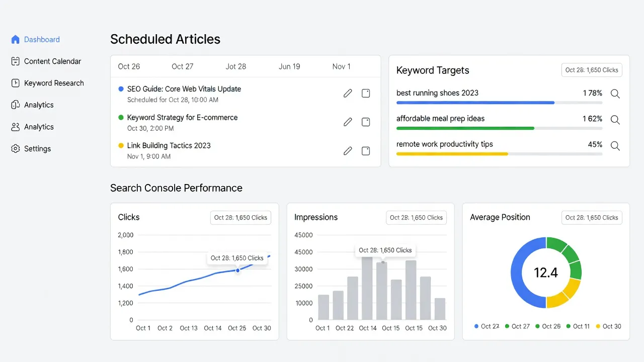 PulseRank software dashboard displaying automated content strategy and publishing schedules.