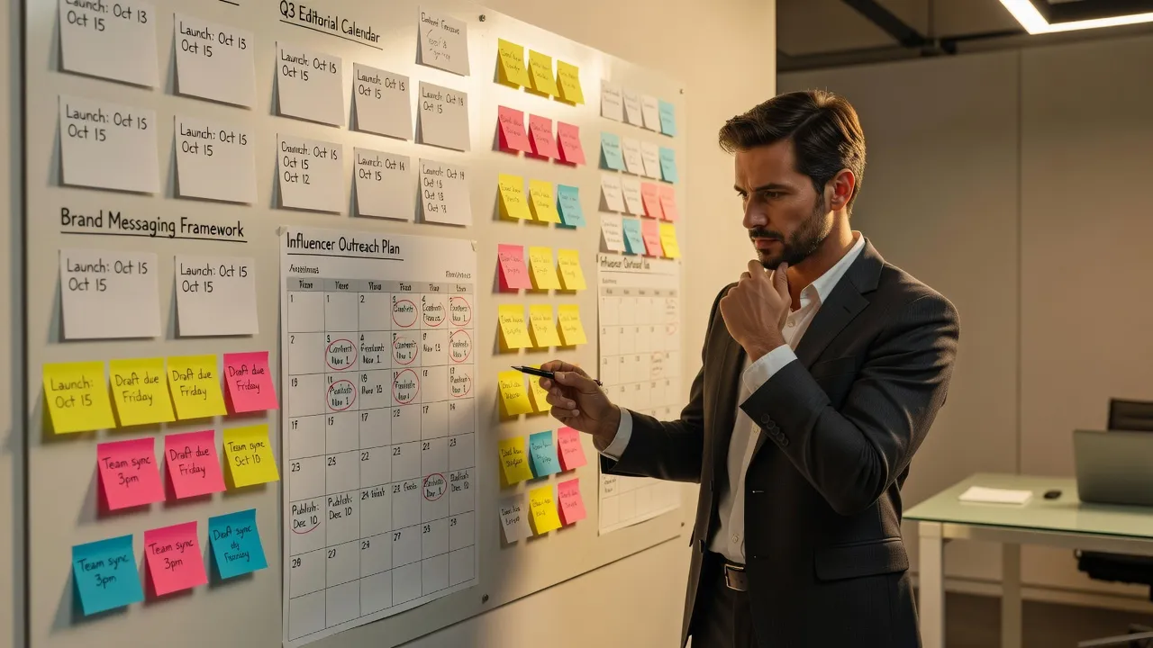Strategic workflow board displaying the steps for building a website content plan