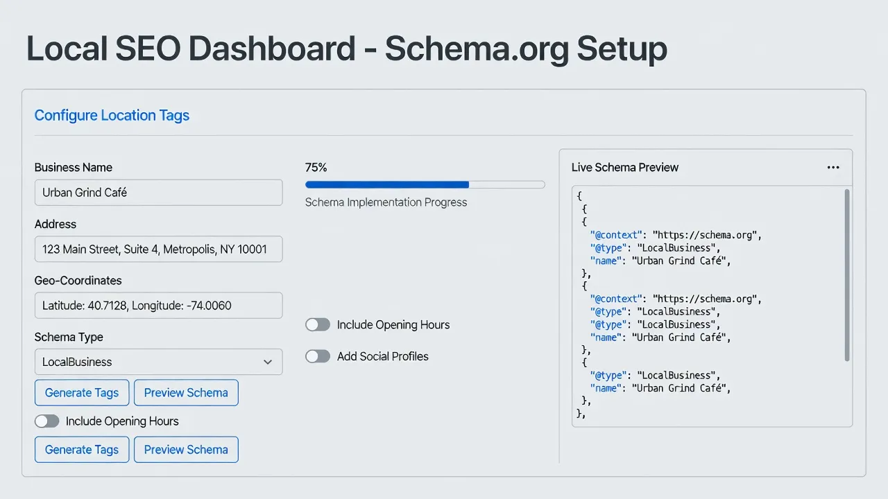 Digital dashboard configuring Yoast Local SEO plugin settings and business location schema.