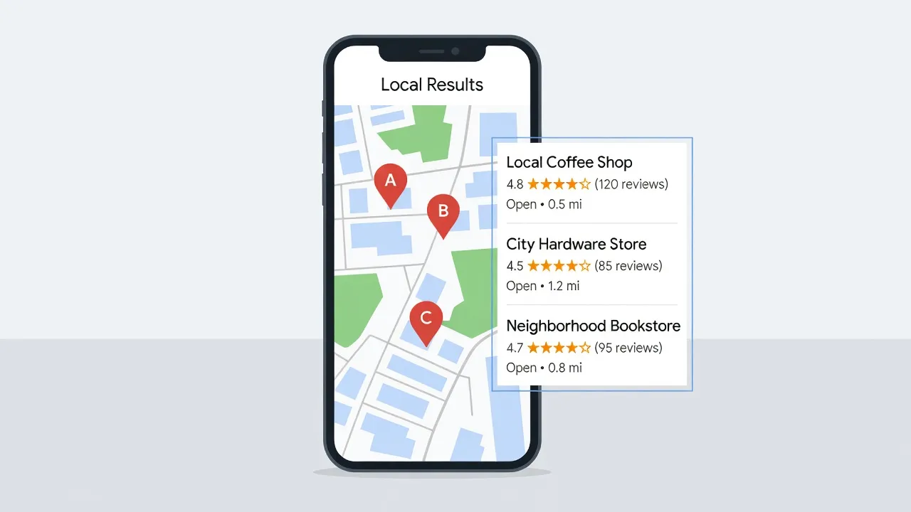 Smartphone screen displaying Google local map pack search results with business map markers.
