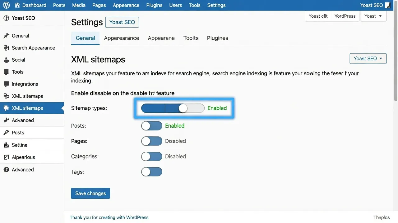 WordPress admin screen displaying the Yoast SEO XML sitemap toggle setting.
