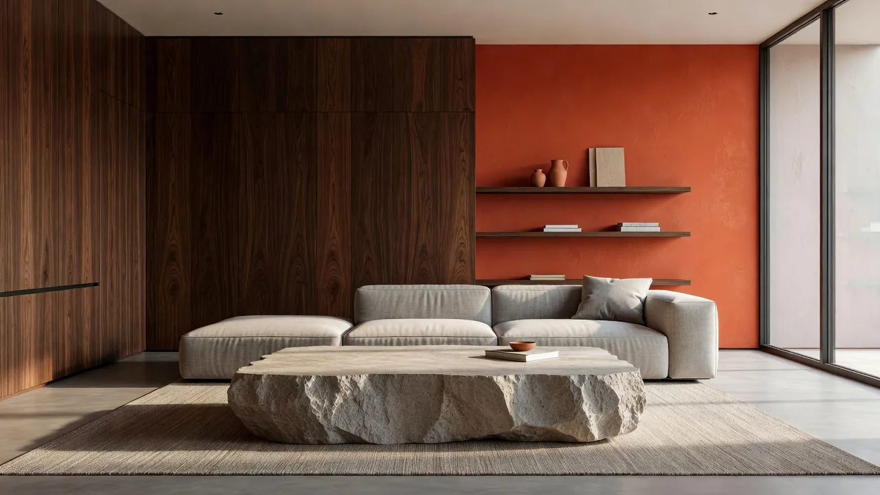Modern sunlit living room featuring 2026 home decor trends with warm walnut millwork, terracotta paint, and travertine stone table.