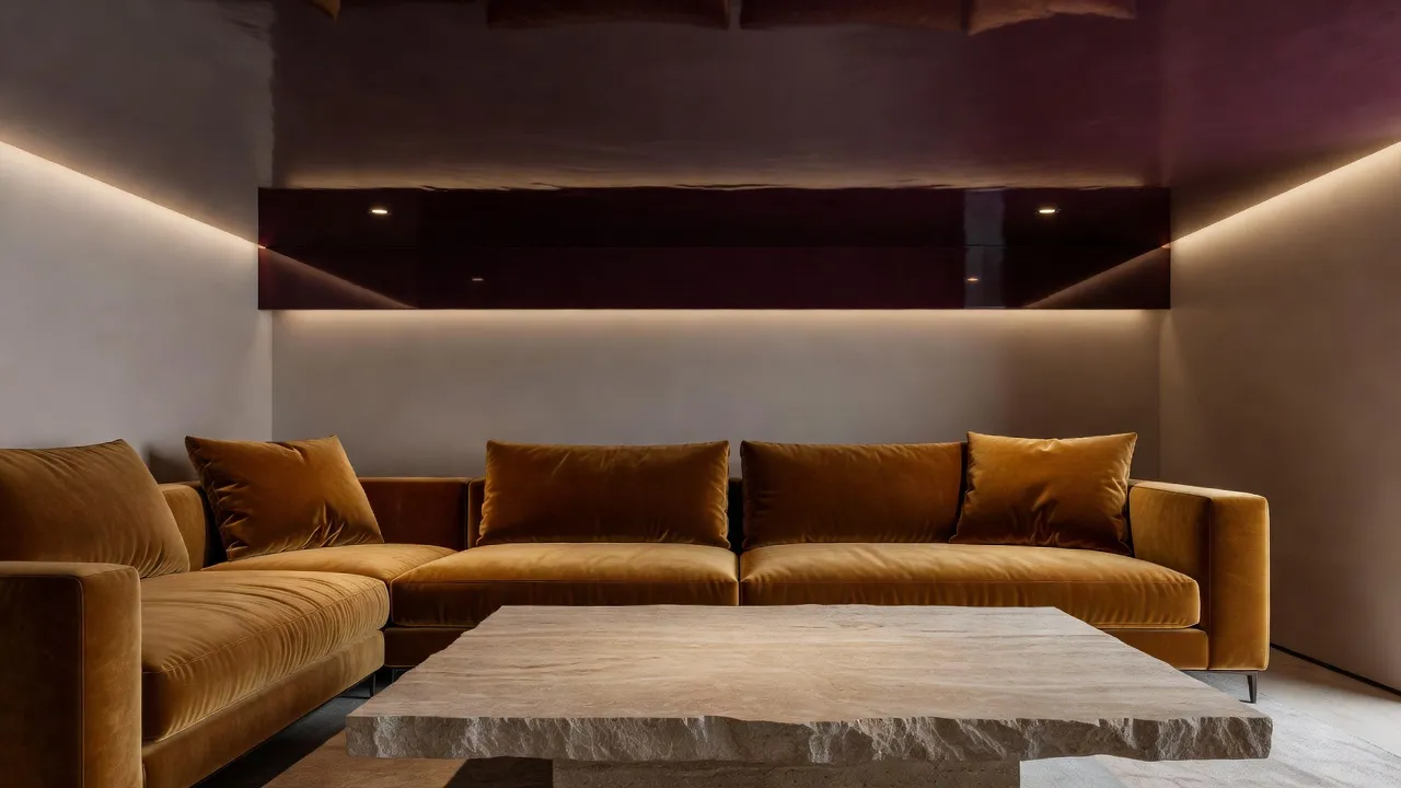 Living room decorated according to 2026 home decor trends featuring lacquered plum ceiling and warm ochre velvet sofa.