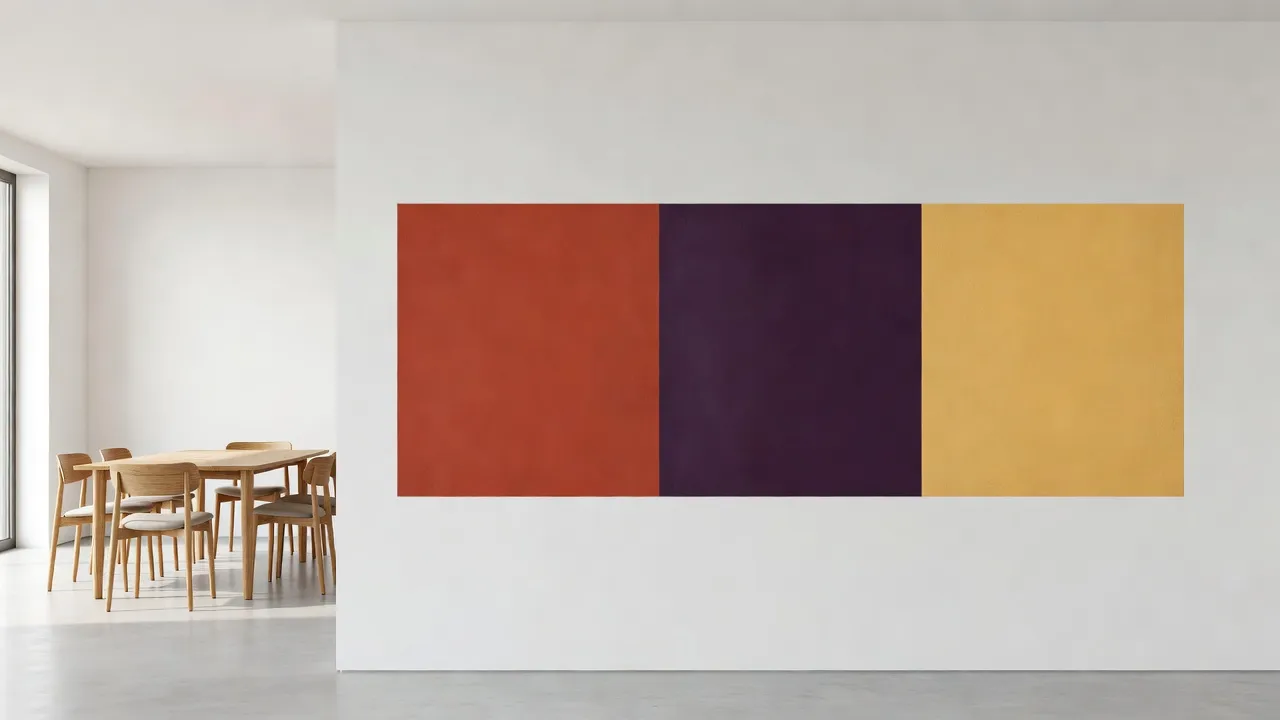 Paint color swatches displaying 2026 interior color trends on a modern home dining room wall.