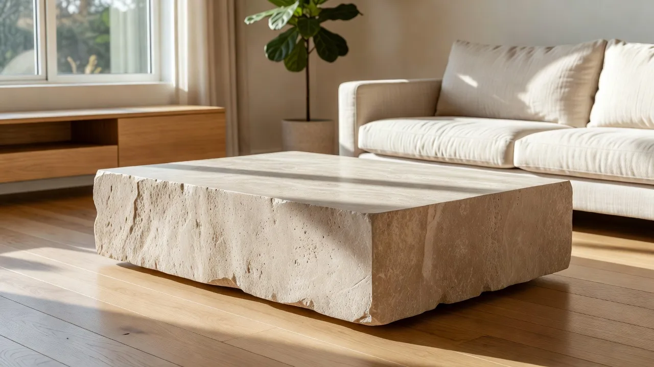 Unpolished monolithic travertine coffee table sitting in a modern 2026 living room setup.