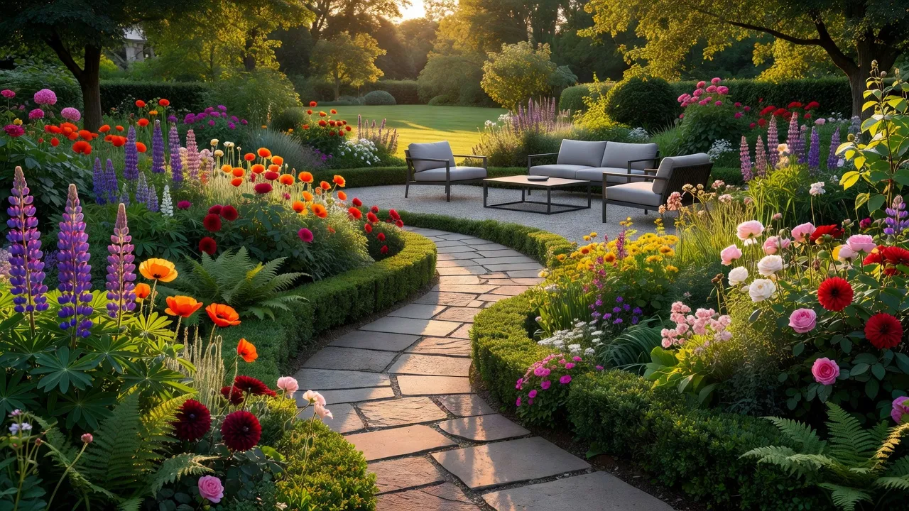 Beautiful gardens images featuring a sunny residential backyard with stone pathways and vibrant flower borders.