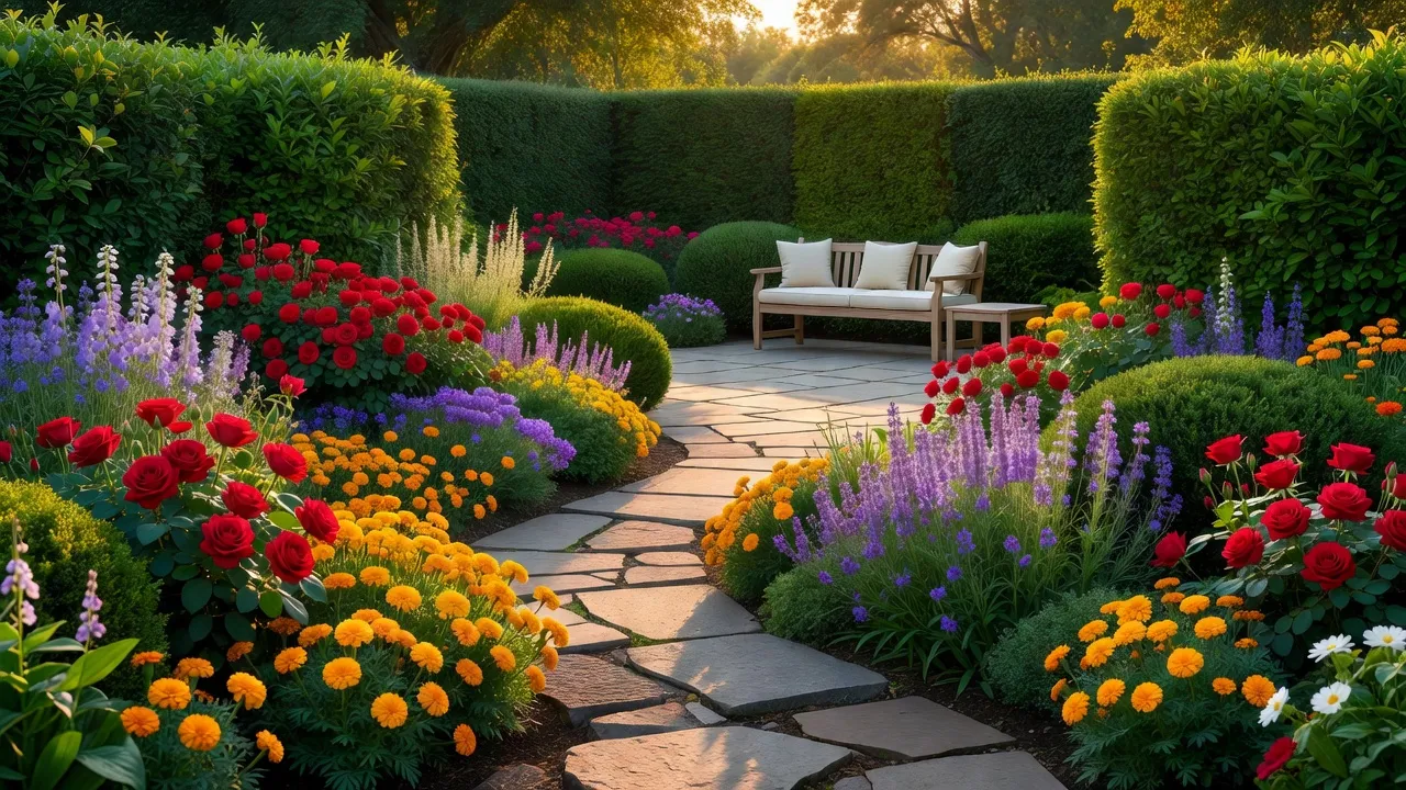 Beautiful garden landscape with blooming flower borders and stone pathway under golden morning light.
