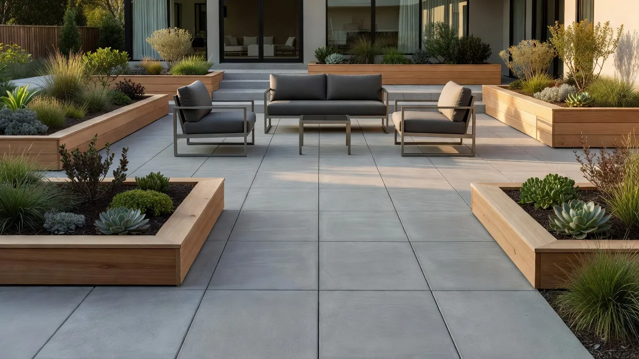 Modern residential garden design with concrete pavers and raised planter beds.