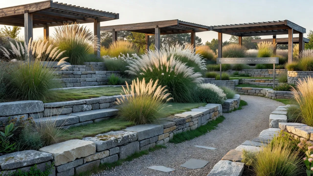 RHS Chelsea Flower Show garden design featuring terraced stone beds and ornamental grasses.