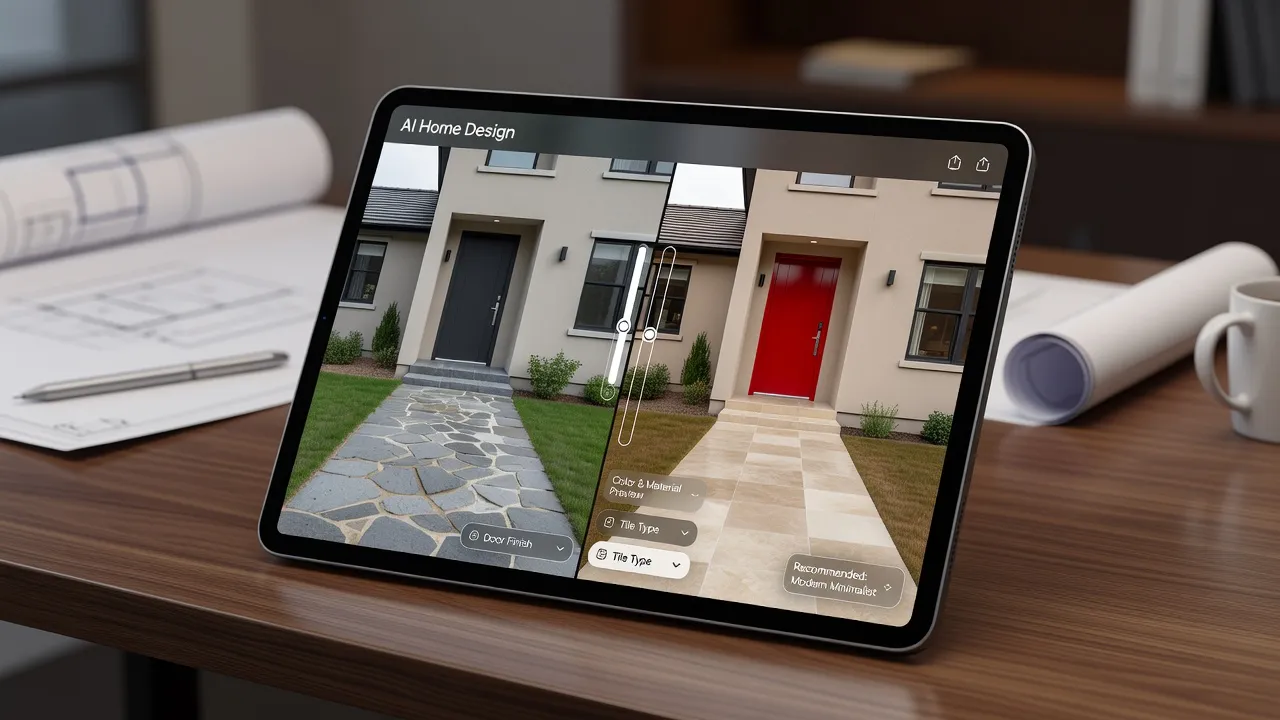 Digital AI design software previewing exterior paint colors and hardscape options on a tablet screen.