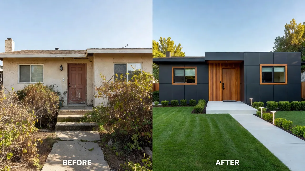 Side by side before and after curb appeal transformation of a suburban ranch home with new siding and landscaping.