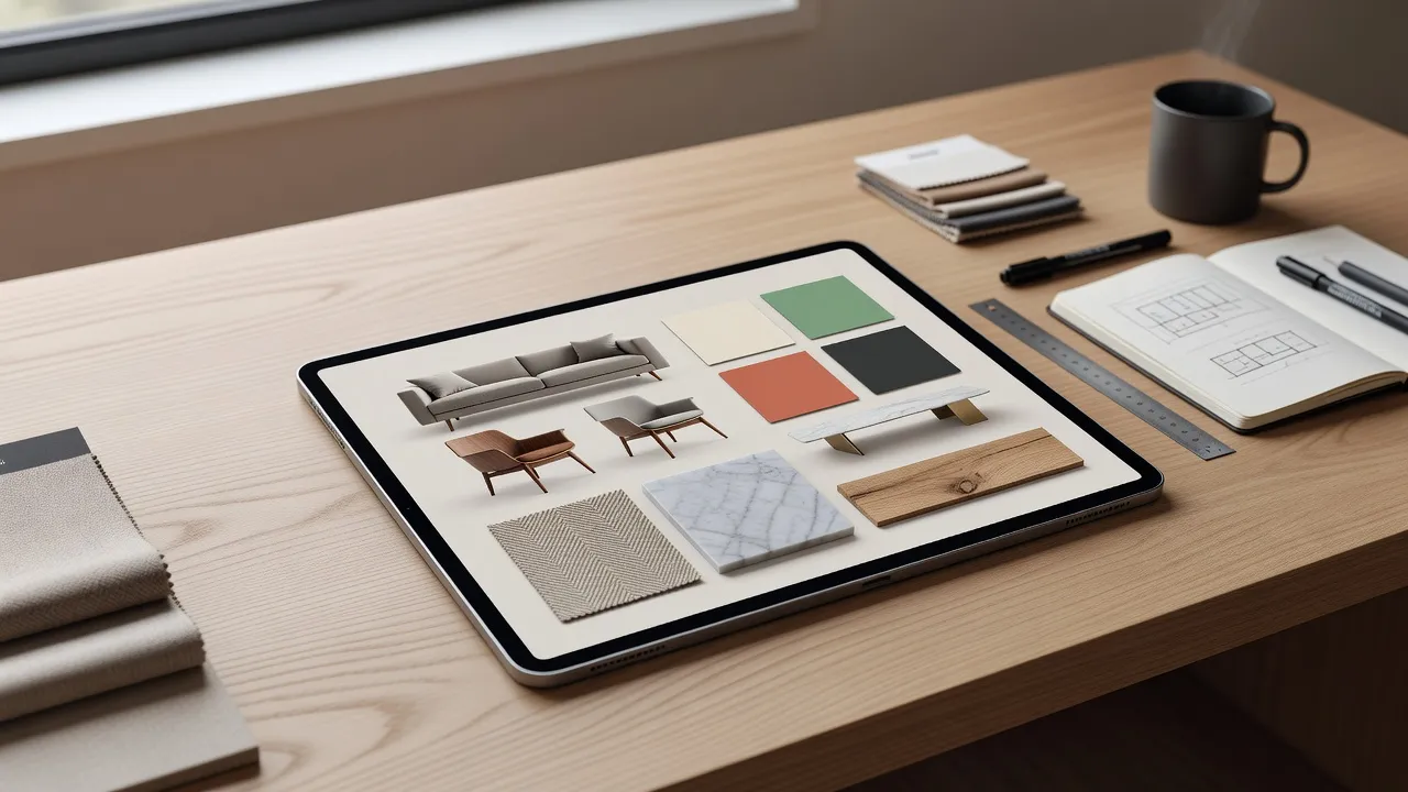 iPad running interior design software with product cutouts and curated color palettes on a digital moodboard.