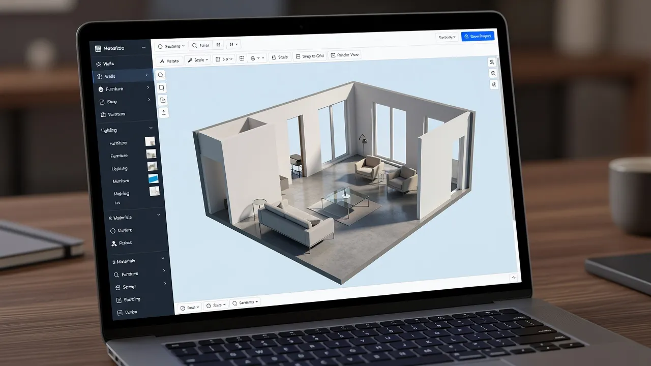 Laptop screen displaying a digital 3D floor plan generator and interior layout software.