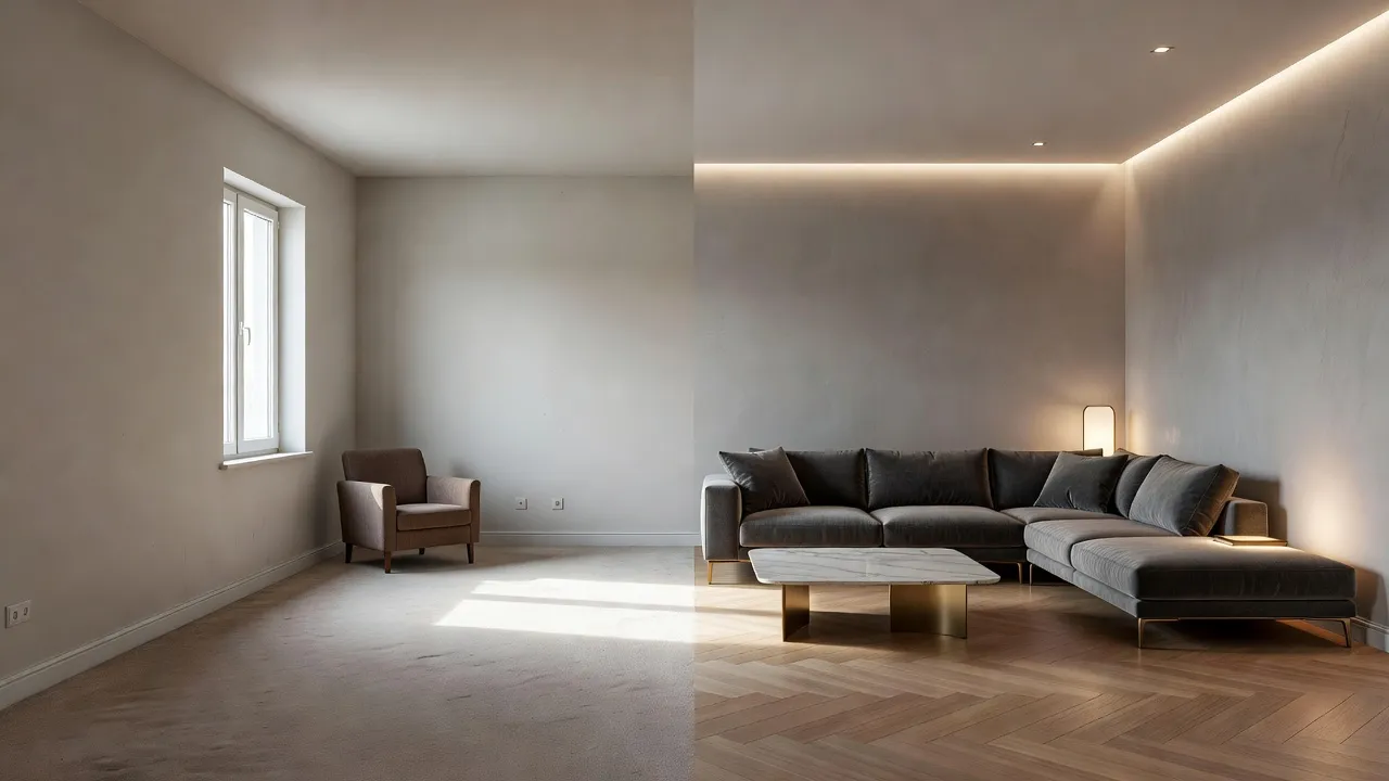 Side by side photo comparison showing a modern living room before and after an AI interior design transformation.