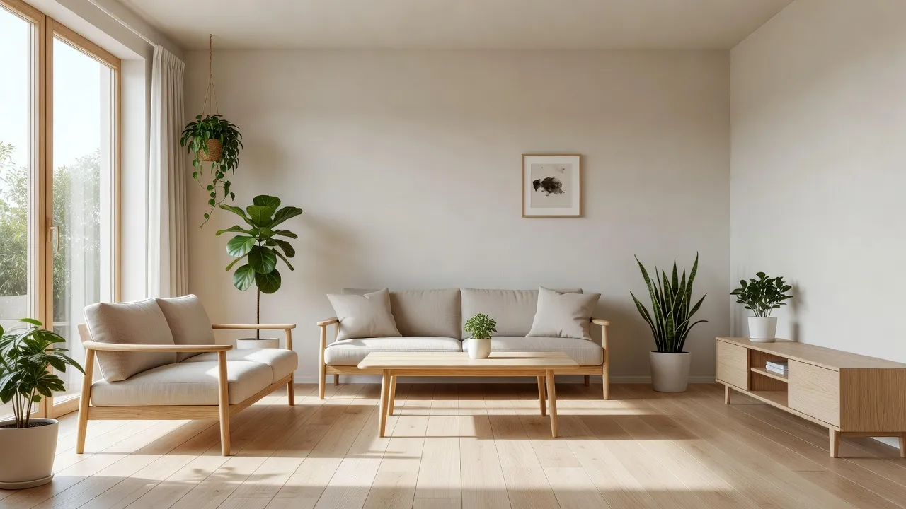 Sunlit Japandi style living room with light wood accents and minimalist neutral decor.