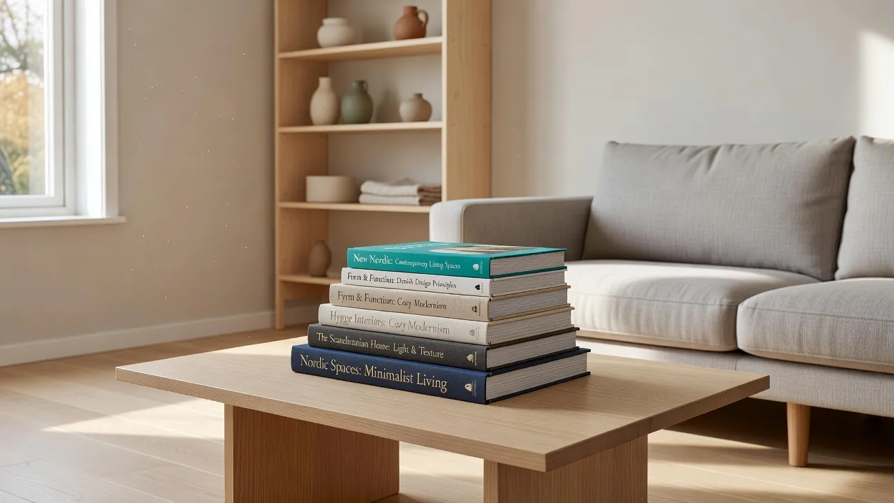A curated stack of hardback interior design books sitting on a Scandinavian coffee table in a modern sunlit living room.