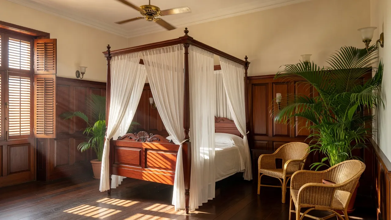 British colonial bedroom with mahogany canopy bed, rattan chair, and dark teak floors.