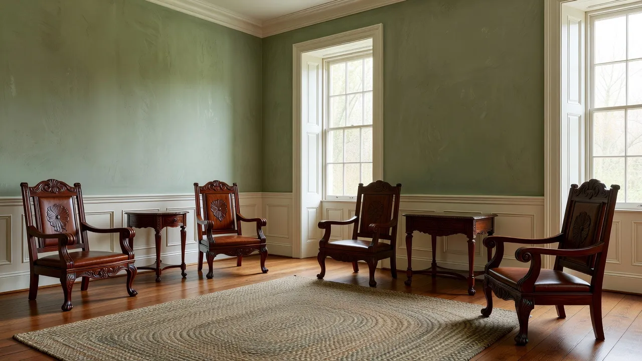 Early American colonial living room with sage walls, timber furniture, and wide plank flooring.