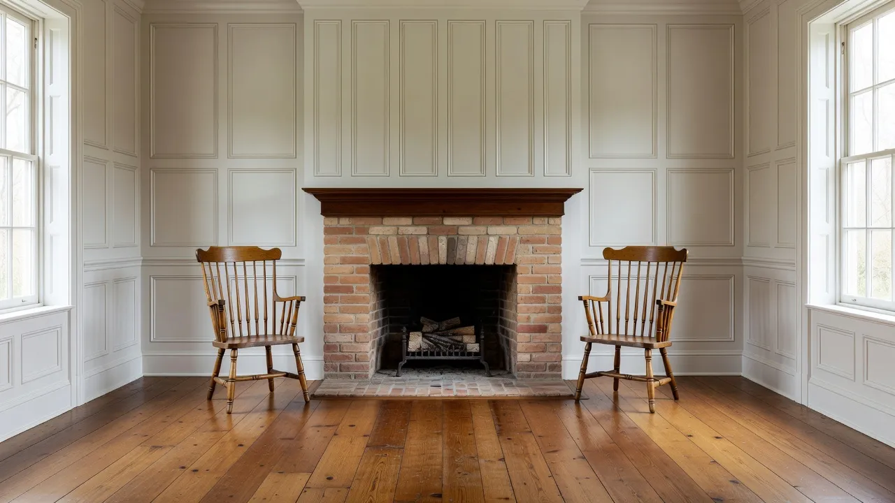 Symmetrical colonial interior living room with white wainscoting, brick fireplace, and historic wood furniture.