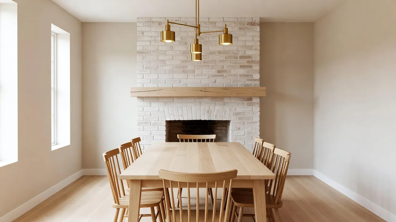 Modern colonial dining room with light oak table, Windsor chairs, and brick fireplace.