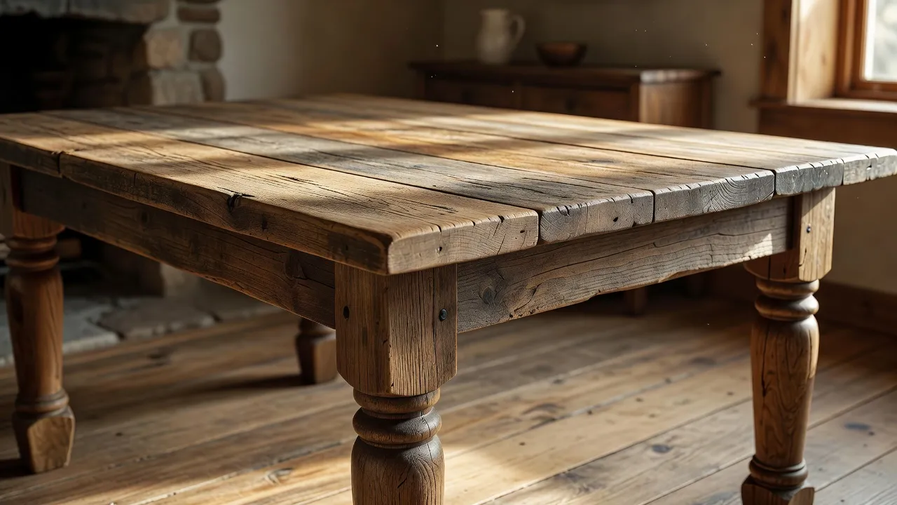 Close-up detail of solid reclaimed wood grain and breadboard ends on an authentic farmhouse style dining table.
